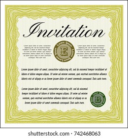 Yellow Formal invitation. With guilloche pattern and background. Vector illustration. Lovely design. 