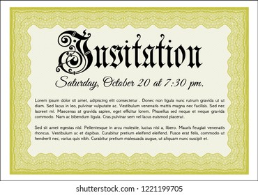 Yellow Formal invitation. Money Pattern. Detailed. With great quality guilloche pattern. 