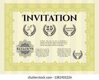 Yellow Formal invitation. Money style design. With guilloche pattern. Customizable, Easy to edit and change colors. 
