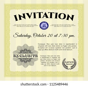 Yellow Formal invitation template. With complex linear background. Cordial design. Vector illustration. 