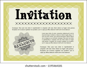 Yellow Formal invitation template. With complex linear background. Customizable, Easy to edit and change colors. Retro design. 