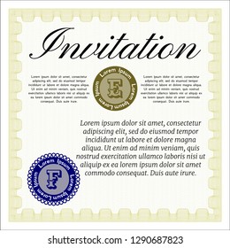 Yellow Formal invitation template. With complex linear background. Vector illustration. Money design. 