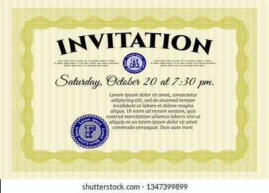 Yellow Formal invitation template. Complex background. Vector illustration. Beauty design. 