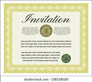 Yellow Formal invitation template. With complex linear background. Money design. Detailed. 
