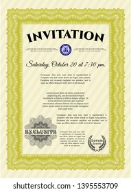 Yellow Formal invitation template. With complex background. Vector illustration. Retro design. 