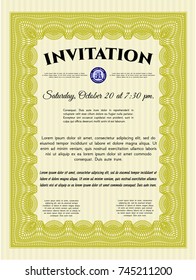 Yellow Formal invitation template. With complex linear background. Money Pattern. Vector illustration. 