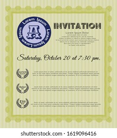 Yellow Formal invitation template. Cordial design. With guilloche pattern and background. Customizable, Easy to edit and change colors. 