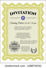 Yellow Formal invitation template. Detailed. With guilloche pattern and background. Modern design. 