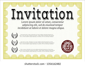 Yellow Formal invitation template. Excellent design. With guilloche pattern and background. Detailed. 