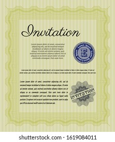 Yellow Formal invitation template. Excellent design. Vector illustration. With great quality guilloche pattern. 