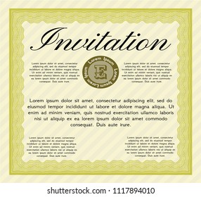 Yellow Formal invitation template. With great quality guilloche pattern. Vector illustration. Money style design. 
