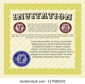 Yellow Formal invitation template. With great quality guilloche pattern. Customizable, Easy to edit and change colors. Nice design. 