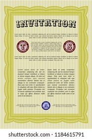 Yellow Formal invitation template. With great quality guilloche pattern. Money design. Customizable, Easy to edit and change colors. 