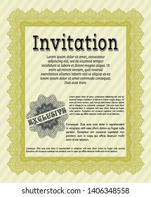 Yellow Formal invitation template. With guilloche pattern. Money style design. Customizable, Easy to edit and change colors. 