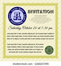 Yellow Formal invitation template. With linear background. Artistry design. Vector illustration. 