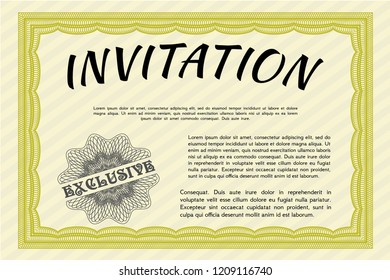 Yellow Formal invitation template. Lovely design. Customizable, Easy to edit and change colors. With complex linear background. 