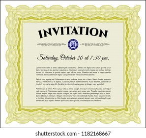 Yellow Formal invitation template. Money Pattern. Detailed. With great quality guilloche pattern. 