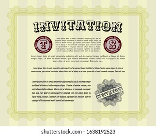 Yellow Formal invitation template. Money style design. Detailed. With great quality guilloche pattern. 