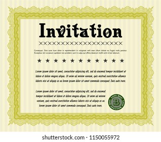 Yellow Formal invitation template. Perfect design. With great quality guilloche pattern. Vector illustration. 