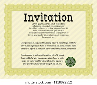 Yellow Formal invitation template. Printer friendly. Vector illustration. Retro design. 