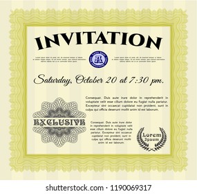 Yellow Formal invitation template. Printer friendly. Detailed. Superior design. 