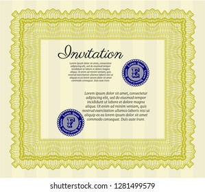 Yellow Formal invitation template. Printer friendly. Money Pattern design. Detailed. 