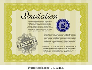 Yellow Formal invitation template. Printer friendly. Customizable, Easy to edit and change colors. Elegant design. 