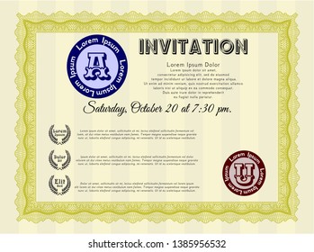 Yellow Formal invitation template. Retro design. Customizable, Easy to edit and change colors. With complex linear background. 