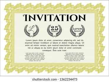 Yellow Formal invitation template. Vector illustration. Printer friendly. Superior design. 