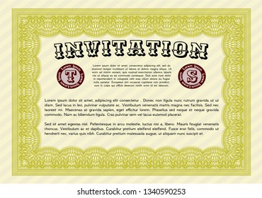 Yellow Formal invitation. Vector illustration. With complex linear background. Money design. 