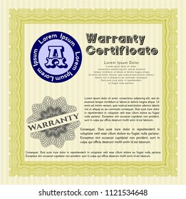 Yellow Formal Warranty Certificate template. Good design. Vector illustration. With great quality guilloche pattern. 