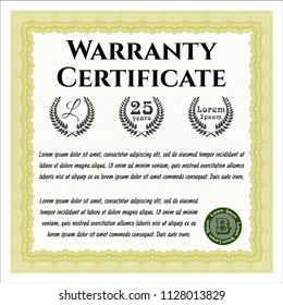 Yellow Formal Warranty Certificate template. Detailed. With guilloche pattern. Sophisticated design. 