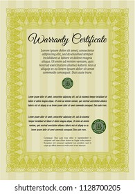 Yellow Formal Warranty Certificate template. With background. Beauty design. Detailed. 
