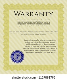 Yellow Formal Warranty Certificate template. With background. Sophisticated design. Vector illustration. 