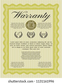 Yellow Formal Warranty Certificate template. Nice design. Customizable, Easy to edit and change colors. With complex background. 
