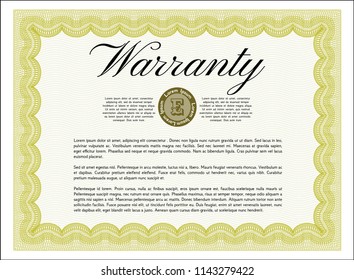 Yellow Formal Warranty Certificate template. With great quality guilloche pattern. Money Pattern design. Vector illustration. 