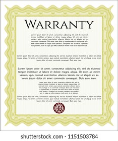 Yellow Formal Warranty Certificate template. Perfect design. With guilloche pattern. Vector illustration. 