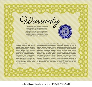 Yellow Formal Warranty Certificate template. Vector illustration. Printer friendly. Elegant design. 
