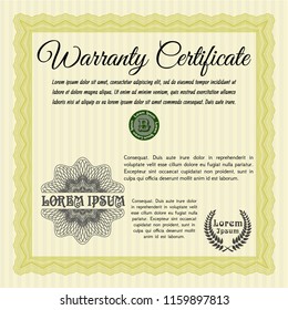 Yellow Formal Warranty Certificate template. Vector illustration. Easy to print. Artistry design. 