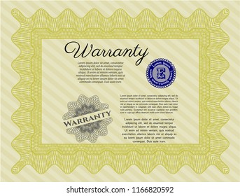 Yellow Formal Warranty Certificate template. Easy to print. Detailed. Superior design. 