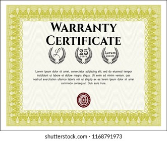 Yellow Formal Warranty Certificate template. Beauty design. With quality background. Detailed. 