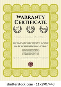 Yellow Formal Warranty Certificate template. Superior design. With guilloche pattern and background. Vector illustration. 