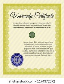 Yellow Formal Warranty Certificate template. Money Pattern design. Complex background. Vector illustration. 