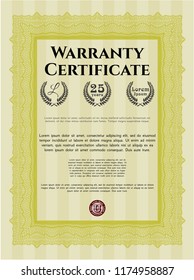 Yellow Formal Warranty Certificate template. With great quality guilloche pattern. Good design. Vector illustration. 