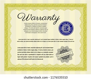 Yellow Formal Warranty Certificate template. With guilloche pattern. Customizable, Easy to edit and change colors. Sophisticated design. 