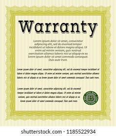 Yellow Formal Warranty Certificate template. With great quality guilloche pattern. Vector illustration. Cordial design. 