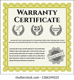 Yellow Formal Warranty Certificate template. Elegant design. With quality background. Vector illustration. 