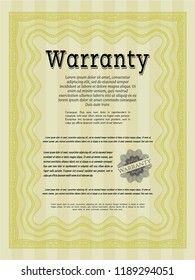 Yellow Formal Warranty Certificate template. Money style design. Detailed. With guilloche pattern. 