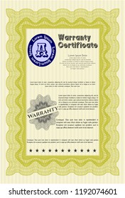 Yellow Formal Warranty Certificate template. With complex background. Elegant design. Detailed. 