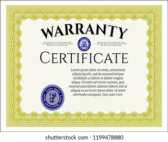 Yellow Formal Warranty Certificate template. Complex background. Customizable, Easy to edit and change colors. Sophisticated design. 